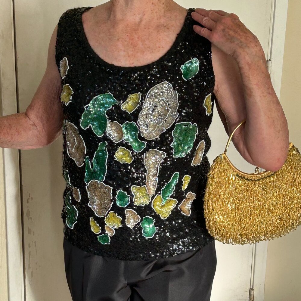 sequin evening top with evening purse